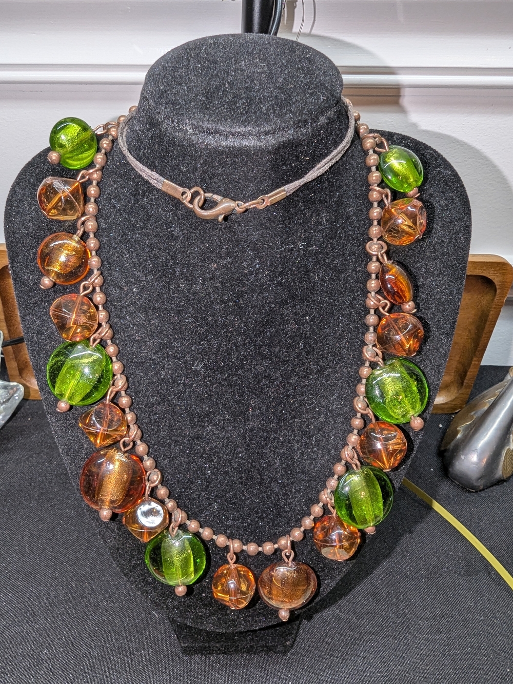 Green & Amber Glass Bead Statement Necklace